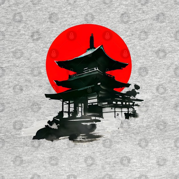 Japanese Temple With Red Circle Sumi e Ink Art by Ravenglow